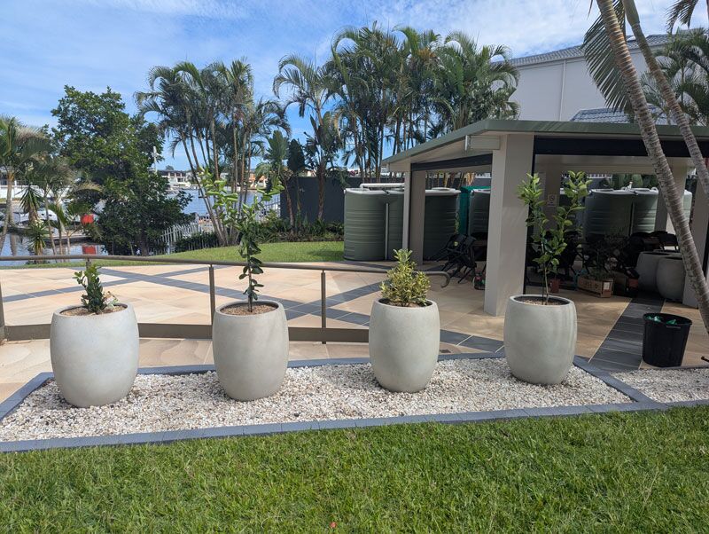 Four Bolla Tall Round Planters arranged in a gravel garden bed alongside the walkway at a Gold Coast waterfront property.