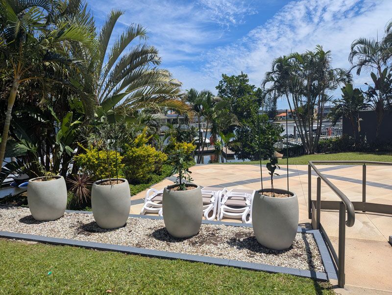 The second group of four Bolla planters facing the waterfront terrace, with the canal and tropical gardens as a backdrop.