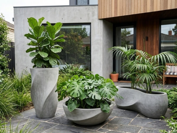 Modern residential garden with sculptural concrete-style planters in varied shapes and sizes
