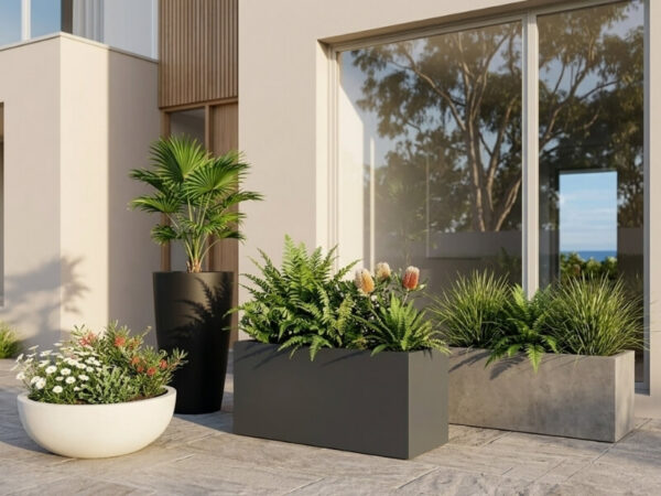 Modern home entrance with large fibreglass planters featuring mixed greenery and architectural planting