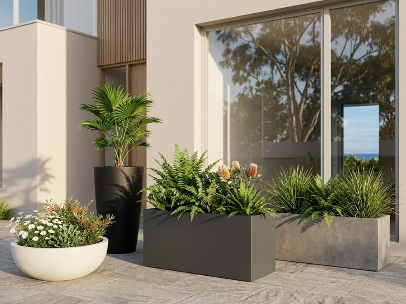 Modern home entrance with large fibreglass planters featuring mixed greenery and architectural planting