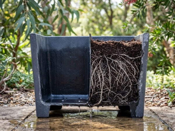 Cutaway view of planter showing healthy root system and well-draining soil structure