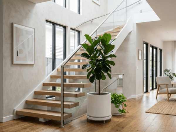 Large planter with indoor plant placed at the base of a staircase.