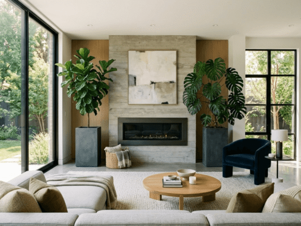 Indoor plants in large planters highlighting a fireplace focal point.