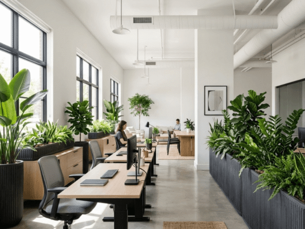 Indoor planters with greenery improving atmosphere in a modern office workspace.