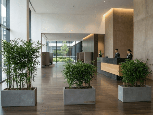 Large indoor planters guiding foot traffic through a lobby space.
