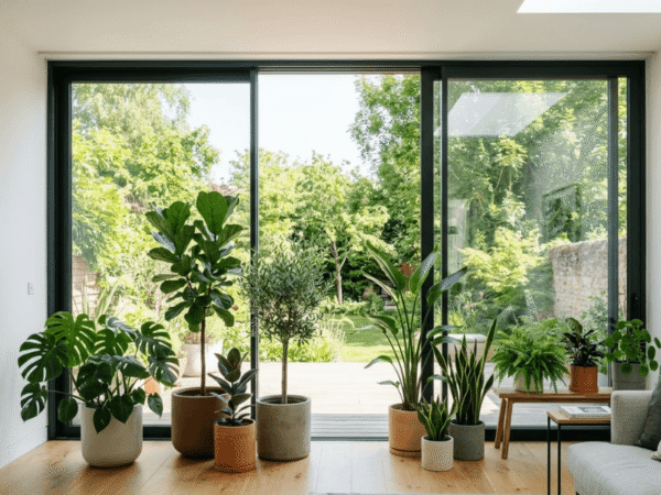 Indoor planters placed near glass doors to improve visibility and safety.
