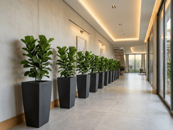 Row of matching planters lining a hallway wall in modern interior design