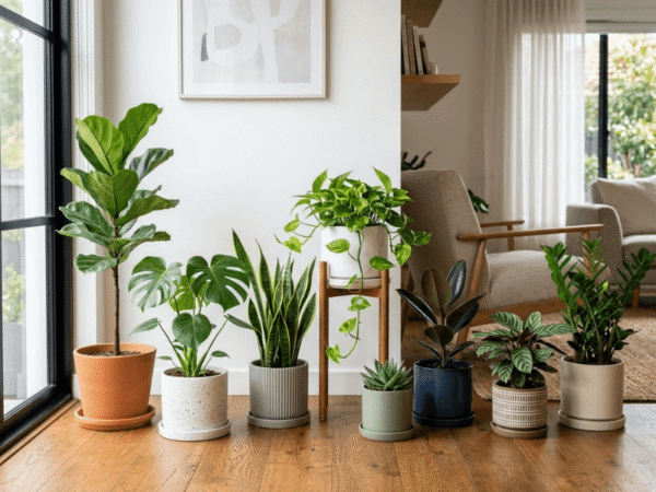 Indoor plant pots with trays protecting floors from water.