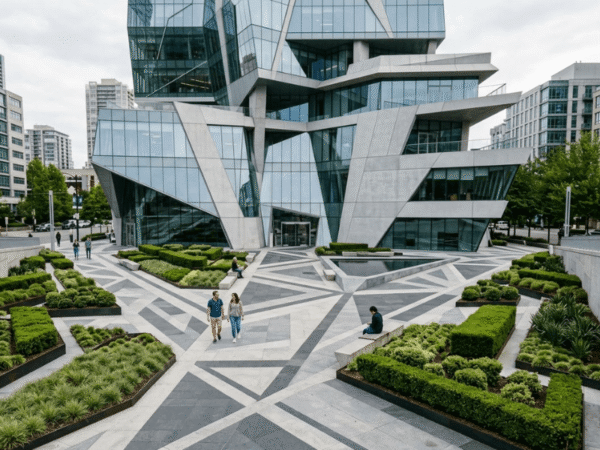 Landscape design echoing the geometric lines of a modern building facade.