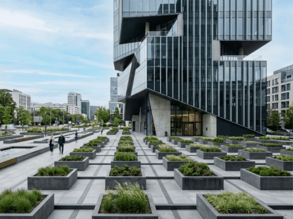Modern geometric landscape design with square architectural planters arranged in a structured grid.