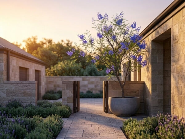 Potted jacaranda tree used as a focal point at a modern stone entry courtyard
