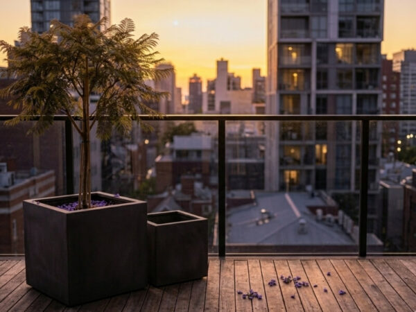 Jacaranda tree in a square planter on a balcony with city skyline at sunset