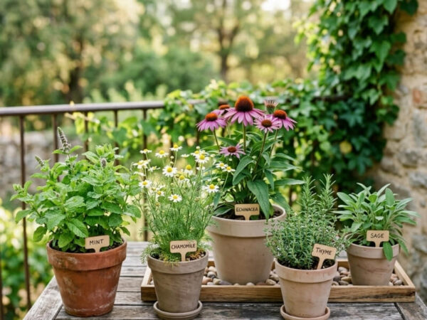 Potted medicinal herbs arranged on a balcony garden.