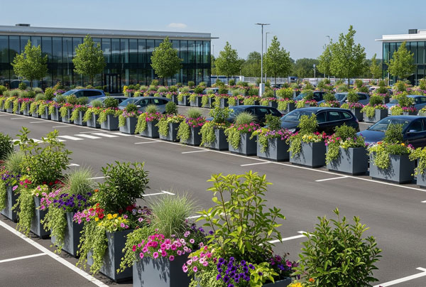 Planters with Vibrant Flowers in Car park