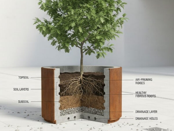 Cutaway diagram showing tree planter drainage and air-pruning root system.