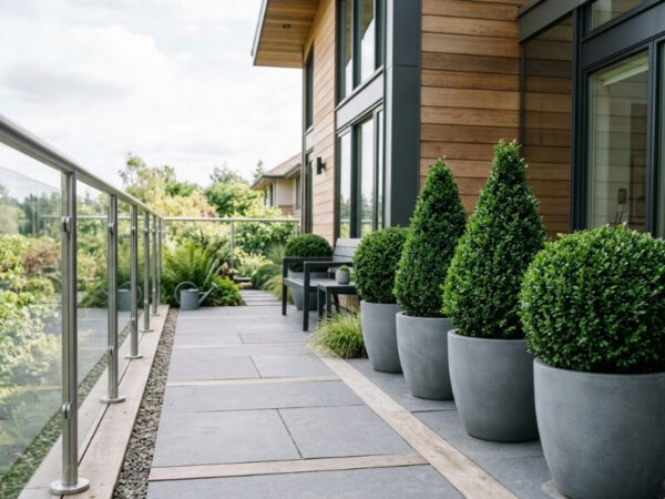 Evergreen shrubs in pots providing year-round structure.
