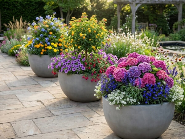 Flowering shrubs in pots adding colour to a container garden.
