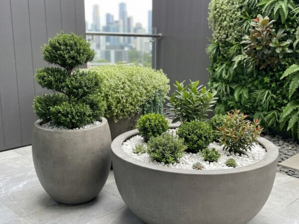 Potted shrubs arranged on a modern balcony garden.