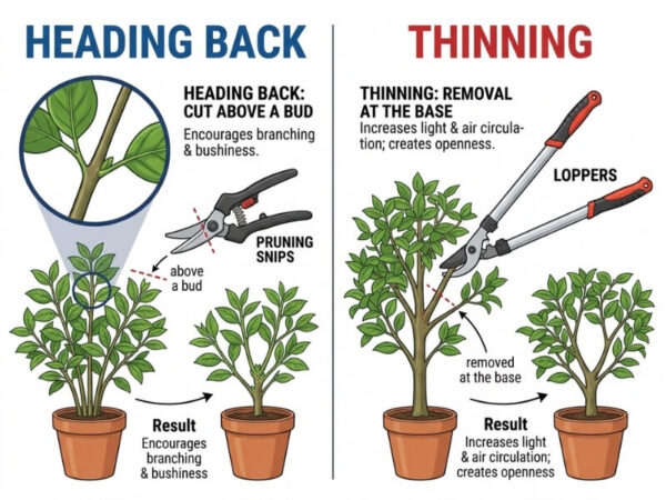 Diagram showing heading back pruning cutting above a bud for bushiness versus thinning pruning removing a branch at the base for openness. 