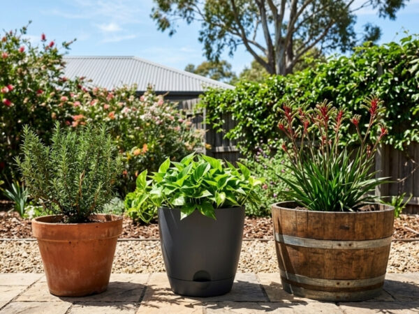 Three planter types side by side on a patio: terracotta, plastic, and timber wine barrel. 