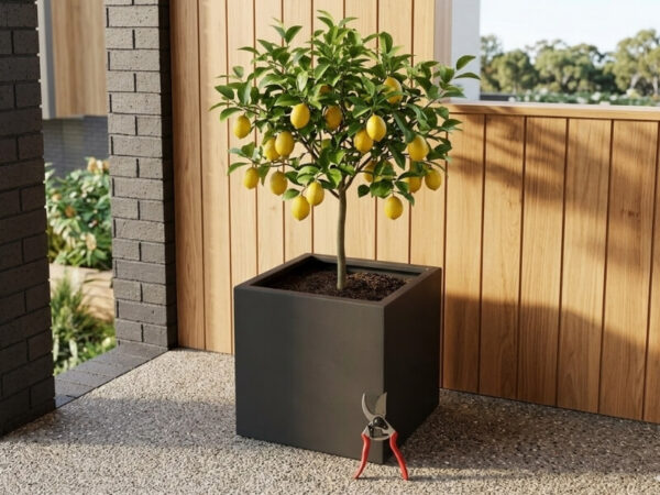 Well-pruned potted lemon tree with yellow fruit in a modern fibreglass planter on a balcony, with secateurs beside it.