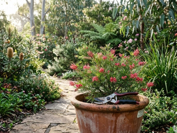 Secateurs resting on the rim of a terracotta pot with a flowering shrub, ready for pruning.