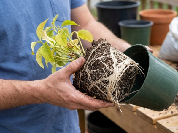 Root-bound plant partially lifted from a clear plastic pot showing tightly circled white roots and yellowing leaves. 