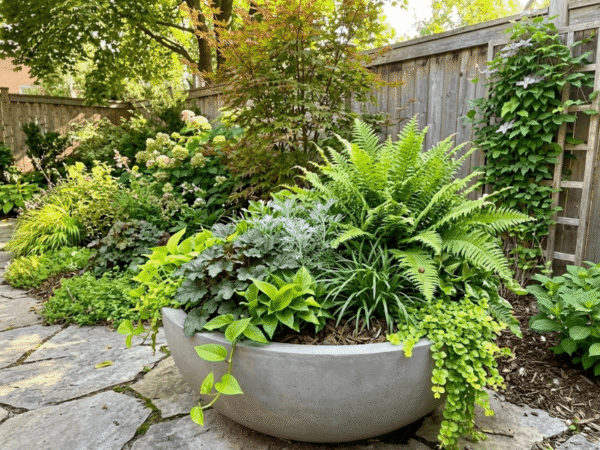 Garden planter with lush green plants under bright summer sunlight