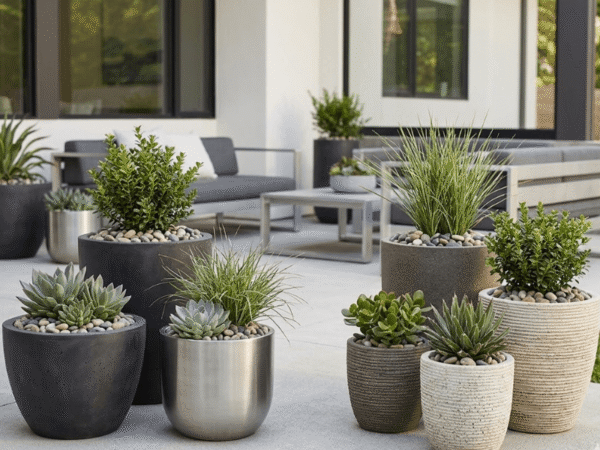 Pebble mulch used in planters to keep container soil cool during summer.
