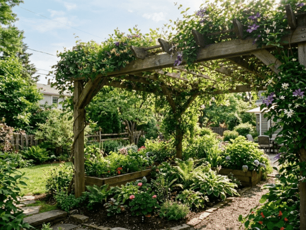 Garden trellis with climbing plants providing natural shade for garden soil.
