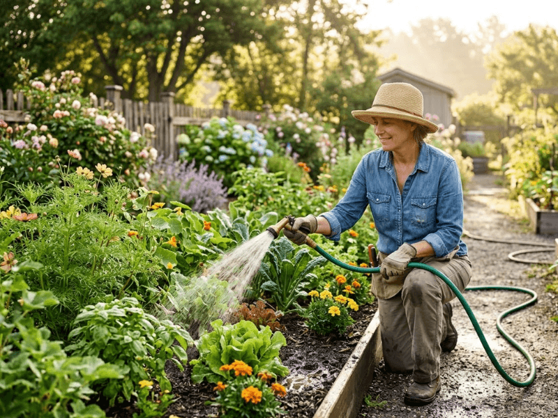 Watering garden soil to reduce heat stress during hot weather.