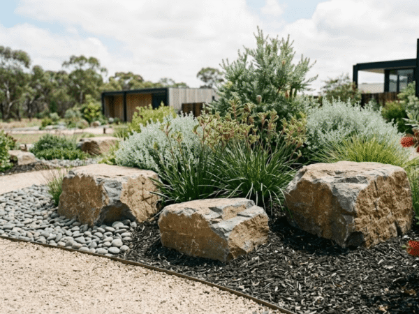 Landscape boulders partially buried for natural appearance and stability.