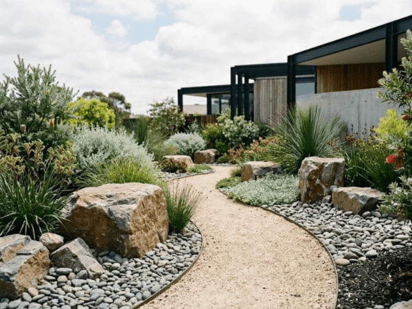 Contemporary garden design using boulders, crushed granite and river rock for texture and structure.