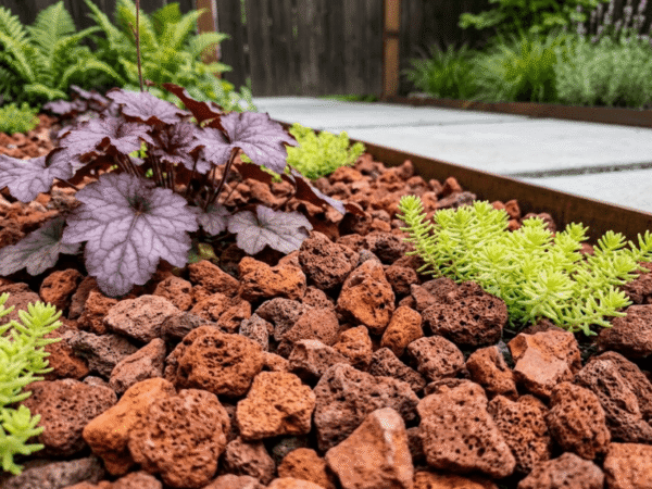 Red lava rock used as low-maintenance garden mulch.