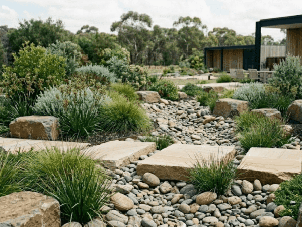 Dry creek bed landscape design using smooth river rocks and native grasses.