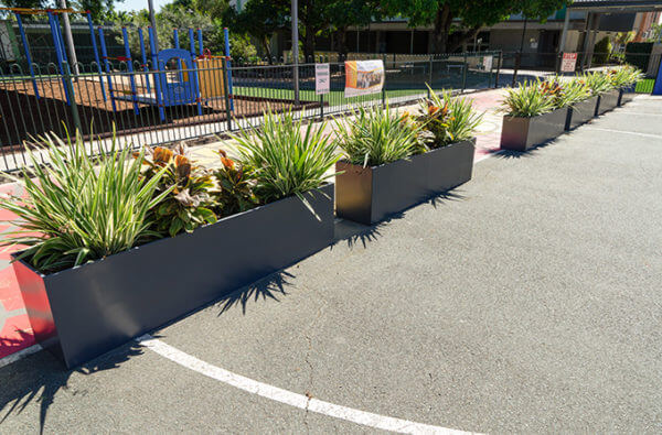Long row of dark grey metal trough planters holding spiky green plants along an asphalt parking lot boundary near a playground fence.