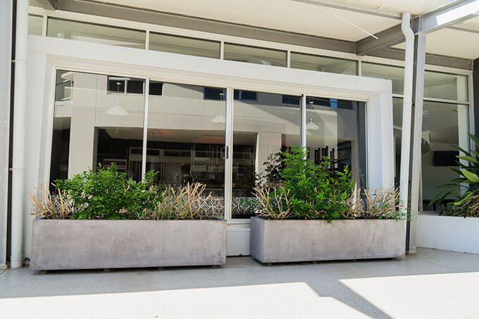 concrete pots add a touch of greenery to a seating area or gathering space