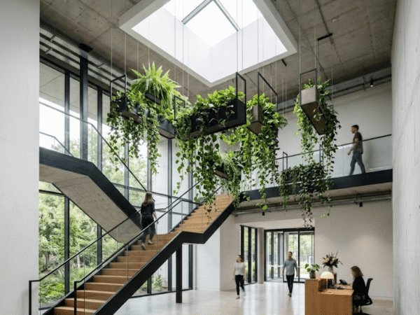 Suspended interior planters hanging in modern double-height stairwell space.