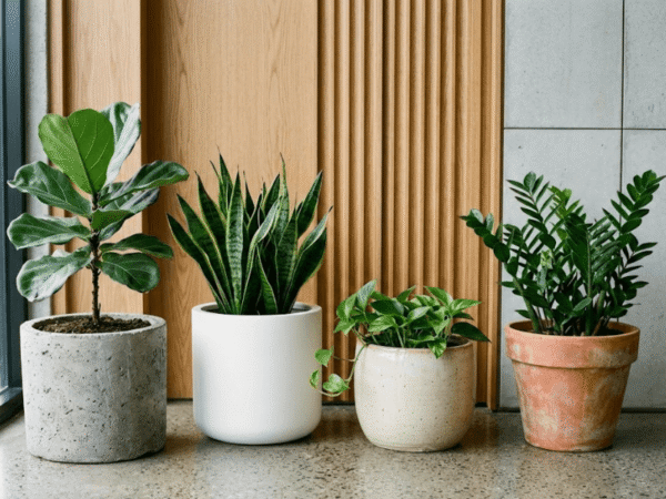 Interior planters in concrete, fibreglass and ceramic materials within modern design setting.