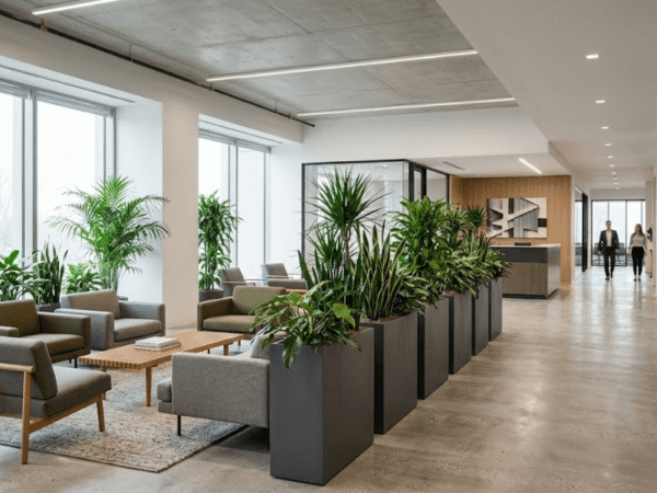 Tall interior planters used to divide space in a modern office environment.