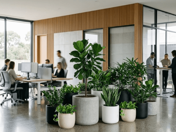 A collection of round concrete indoor planters filled with lush office plants in a modern open-plan workspace.
