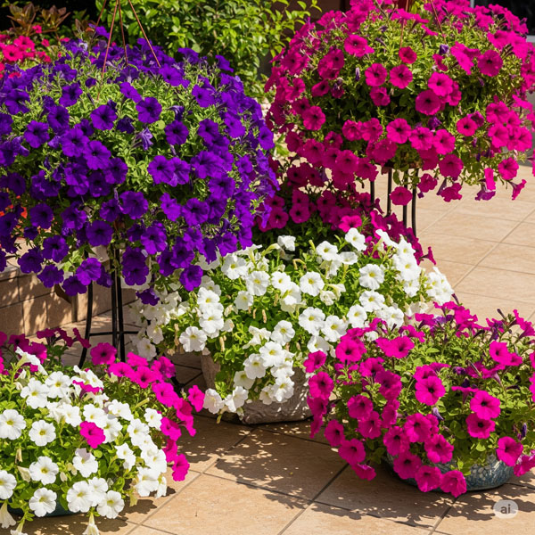vibrant petunias in pots to give patio colour
