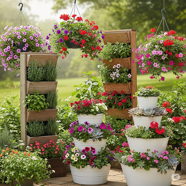 Vertical planters, hanging baskets, and tiered planter designs