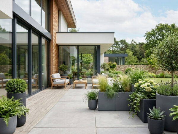 Modern outdoor space with lightweight garden pots and greenery.