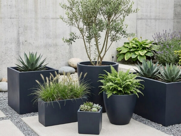 Different planter sizes demonstrating scale in garden design. 