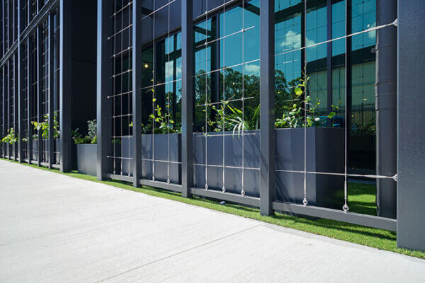 Architectural green wall trellis framing sleek dark metal trough planter boxes outside a modern commercial building.