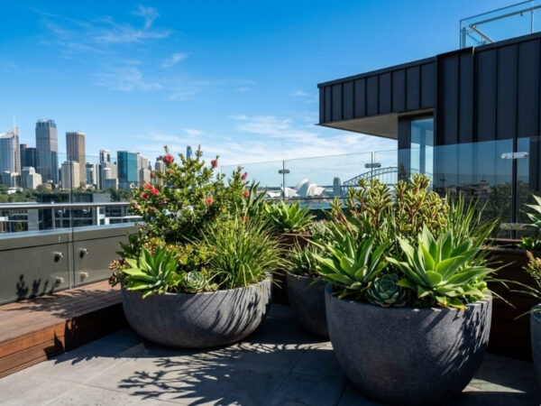 Fibreglass planters with plants thriving under strong sunlight on a rooftop