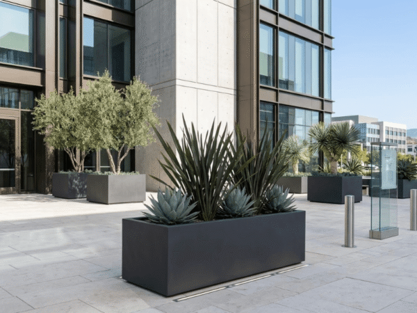 Large outdoor planters with structured landscaping outside a modern office building.