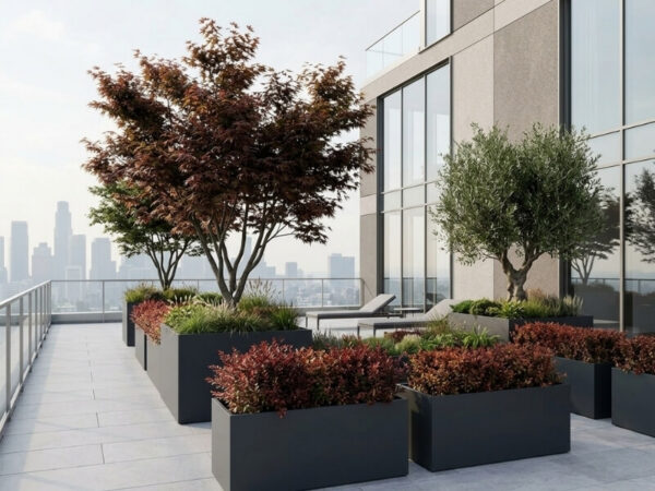 Modern rooftop garden with large fibreglass planters and city skyline.